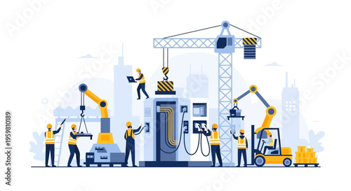 Smart Industry & Construction Site with Workers, Robotics, Crane, and EV Charging Station Installation. Modern Industrial Automation and Future Infrastructure Development.