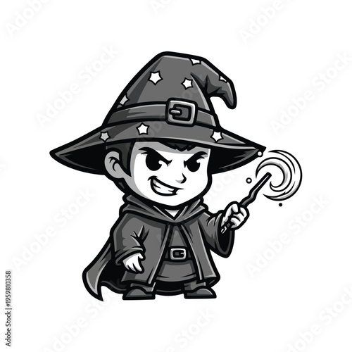 A cartoon wizard character in a black and white illustration, casting a spell with a magic wand, wearing a pointed hat and robe, on a white background with a dark, mystical mood