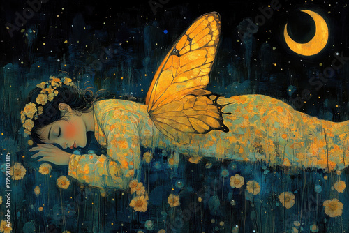 Woman with butterfly wings laying on flower-covered ground.