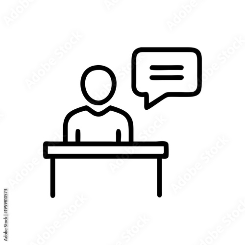 Person speaking at a desk vector icon for presentation conference or meeting line art symbol design concept