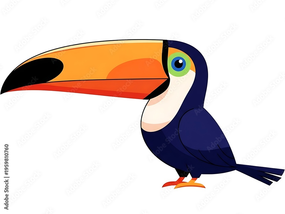 Obraz premium Colorful cartoon toucan standing on a plain background with vibrant beak and feathers