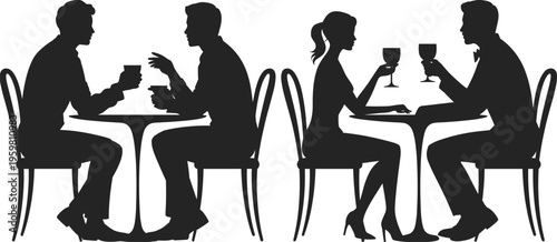 Silhouettes of people sitting at tables in casual and romantic settings, highlighting conversation, interaction, and social dynamics for lifestyle illustration design.