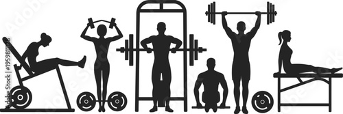 Silhouettes of gym workout exercises with fitness equipment, showcasing strength training, bodybuilding, and athletic routines in dynamic poses for health and fitness illustration design.
