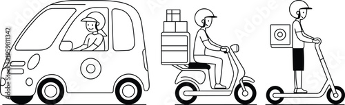 Urban delivery transportation with car, motor scooter, and electric scooter riders wearing helmets, carrying packages, 