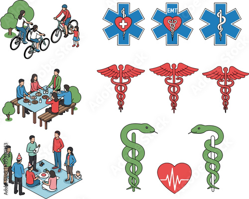 Isometric family outdoor activities set featuring people riding bicycles having a picnic and celebrating at a garden party isolated on white background for lifestyle