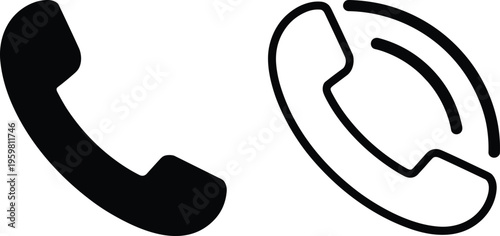 Telephone handset icon set featuring minimalist black line art and solid silhouette style for contact center customer support and telecommunication service branding