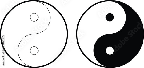 Stylized black and white yin‑yang symbol illustration, minimal Chinese philosophy dualism icon design, balance harmony silhouette for spirituality, meditation, and cultural concept projects