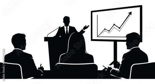 Business presentation with attendees depicted in a stark silhouette