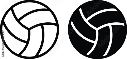 Stylized volleyball icons in black and white variations, featuring curved panel designs, perfect for sports branding, athletic graphics, and recreational design projects.
