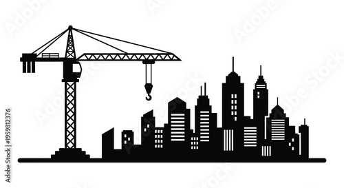 City skyline with construction crane a dramatic black silhouette