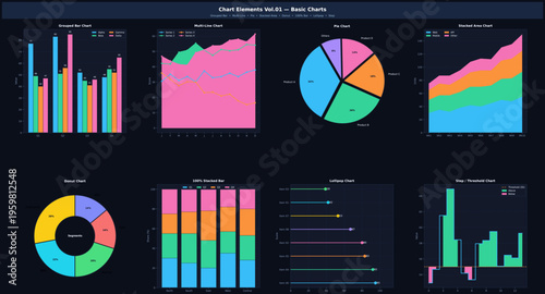 Set of business infographic elements and business card designs with charts icons and data visuals in a clean vector style