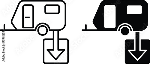 Stylized camper waste disposal station icons in black and white variations, featuring outline and solid fill designs, perfect for camping, travel, and park signage projects.