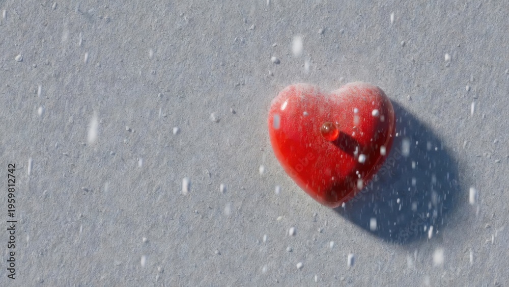 Fototapeta premium Red heart rests on snowy ground