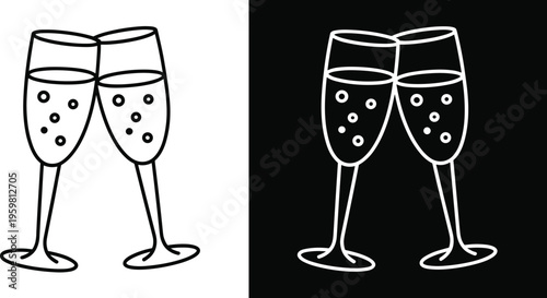Stylized champagne glasses clinking icons in black and white variations, representing celebration, toast, party, and festive design for events, holidays, and graphic projects.