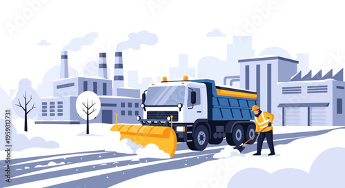 Snow Removal Service: Snowplow Truck and Worker Clearing Road in Snowy Industrial Winter Landscape Flat Illustration