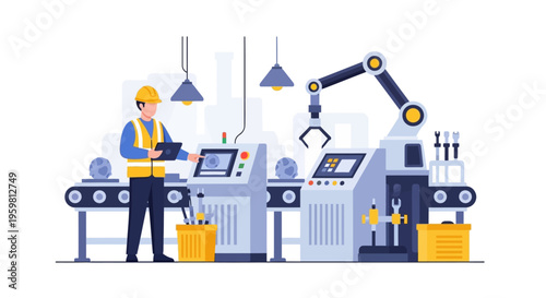 Factory Automation with Engineer Supervising Modern Production Line and Robotic Arm