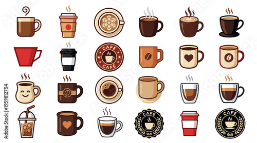 A collection of various coffee cups, mugs, and to-go containers, steaming.