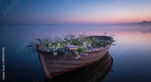 A small wooden boat filled with flowers on the water at sunrise