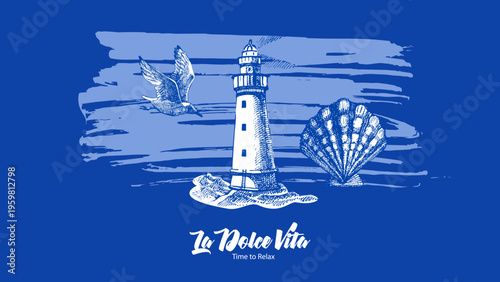 Vintage summer sea background. Retro sketch coastal vacation banner. Hand drawn vector illustration.