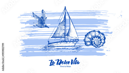 Vintage summer sea background. Retro sketch coastal vacation banner. Hand drawn vector illustration.