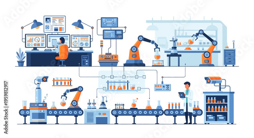 Automated Science Lab with Robotic Arms and Data Monitoring. Modern Biotechnology, Chemical Research, and Industrial Automation Concept.