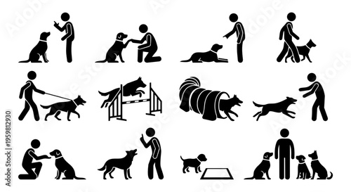 Dog Training Silhouettes Set - Black Vector Obedience, Agility and Behavior Icons