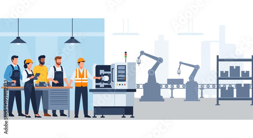 Modern Factory Workforce & Robotic Automation: Diverse Team of Engineers and Technicians Operating Advanced CNC Machines and Assembly Lines for Industry 4.0 Production
