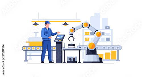 Factory Automation with Robotic Arm and Worker Supervising Production Line