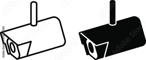 Stylized surveillance camera icons in black and white variations, featuring outline and solid fill designs, ideal for security, monitoring, and safety system projects.
