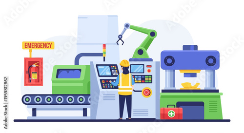 Female Engineer Operating Automated Manufacturing Line. Smart Factory Production Process with Robotic Arm and Industrial Safety Measures.