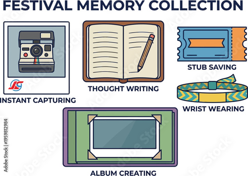 A collection of festival memory keeping elements including instant camera, journal, tickets, and photo album.