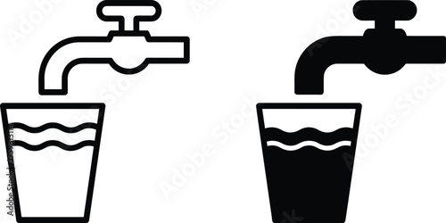 Water faucet and drinking glass icons in outlined and solid black design, symbolizing hydration, clean water supply, health, and modern graphic concept art.