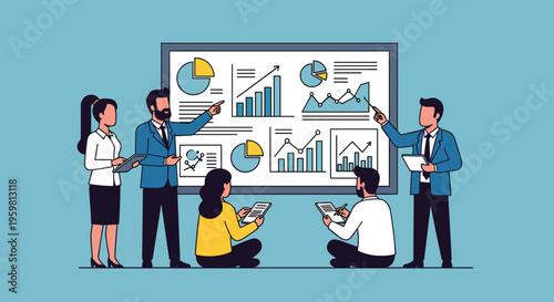 Flat minimalist illustration of corporate finance teamwork