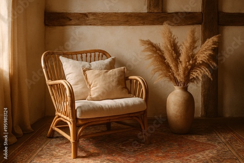 Cozy Bohemian Interior with Rattan Chair and Pampas Grass