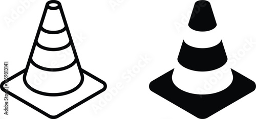 Traffic cone icons in outlined and solid black design, featuring layered segments and stable bases, symbolizing safety, construction, caution, and modern graphic art.