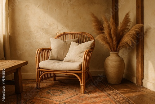 Cozy Bohemian Interior with Rattan Chair and Pampas Grass