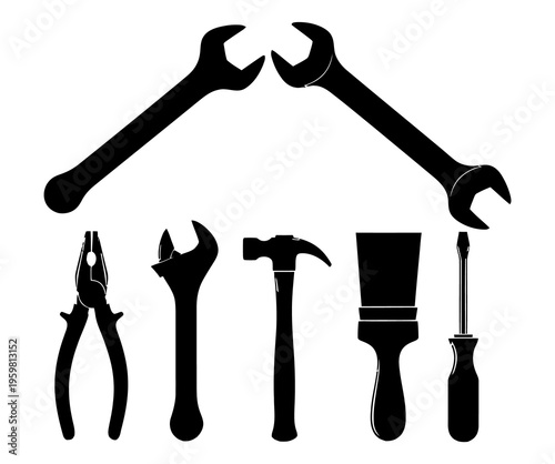 Silhouette of tools forming a house shape on a white background