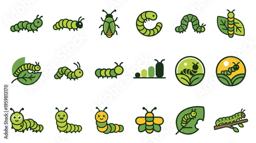 Collection of cartoon-style caterpillar and beetle icons in green and yellow, some on leaves, in various poses.