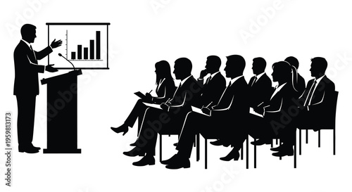 Business presentation with speaker and audience in stark silhouette