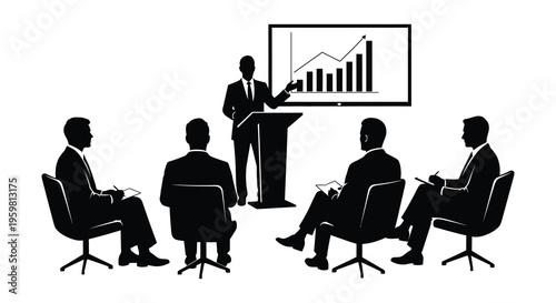 Business presentation with attendees depicted in a dark silhouette