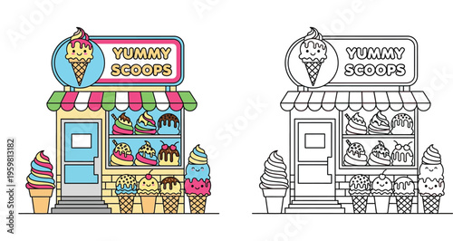 Kawaii ice cream shop vector illustration and black and white coloring book page. Cute cartoon dessert store storefront with smiling ice cream cones.