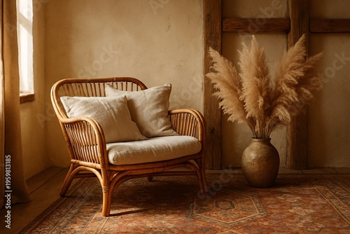 Cozy Bohemian Interior with Rattan Chair and Pampas Grass