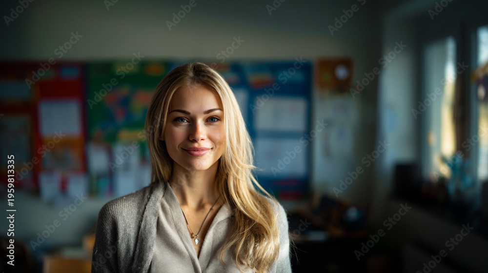Fototapeta premium young friendly elementary school teacher in bright classroom