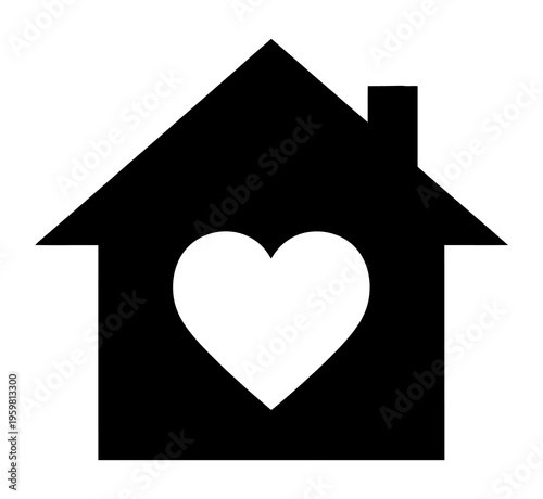 A black house icon with a heart in the center