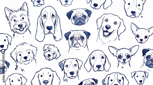 Hand Drawn Vector Illustration of Various Dog Breed Faces in Blue Ink Style Including Pugs Golden Retrievers Beagles and Terriers