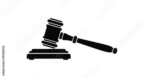 Black gavel and sounding block depiction in stark silhouette