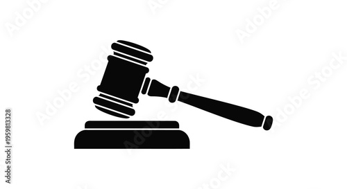 A black silhouette of a gavel resting on a sound block silhouette