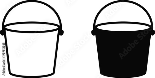 Stylized bucket icons in black outline and solid fill, representing container, storage, household utility, cleaning, water usage, and everyday maintenance illustration design.