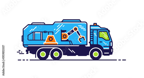 Large blue garbage truck vehicle.