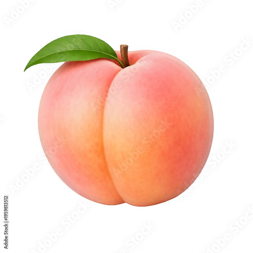 perfectly ripe and fuzzy peach with single green leaf on dark background.
